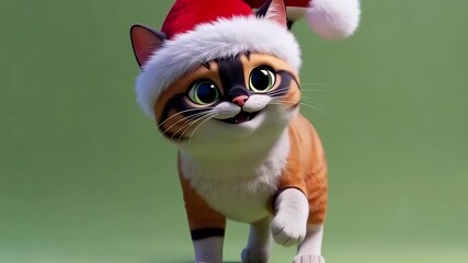 Adorable 3D animated cartoon cat wearing a Santa hat walking on a green background for Christmas celebration concept and holiday joy