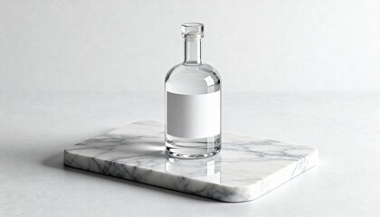glass bottle mockup with blank label on marble slab, subtle reflections, luxury beverage style