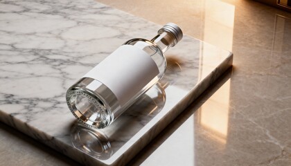 glass bottle mockup with blank label on marble slab, subtle reflections, luxury beverage style