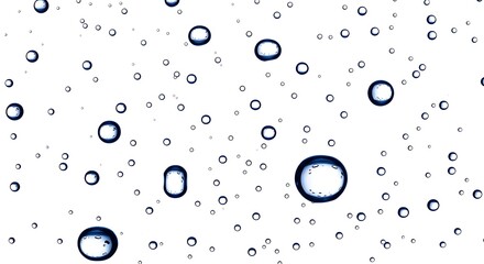 Abstract close-up of clear water droplets on a white background, showcasing their round shapes and reflective surfaces in a pattern