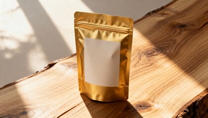 pouch mockup on natural wood, blank front label area, soft morning light, organic brand vibe