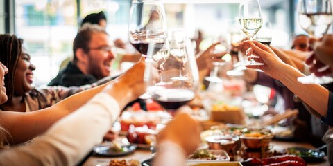 Group of diverse people clinking glasses at a lively gathering. Celebration with friends, sharing joy and laughter. Cheers at a festive meal, enjoying togetherness. Friends celebrating and toasting.