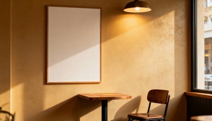 vertical poster mockup in cafe interior, minimal furniture, empty poster area for ad, warm ambient lights