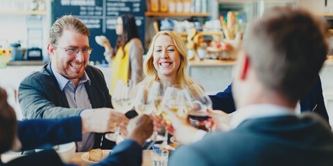 A diverse group of professionals, including men and women of various ethnicities, enjoy a celebratory dinner and toasting. The table is filled with food and drinks, highlighting a joyful gathering.