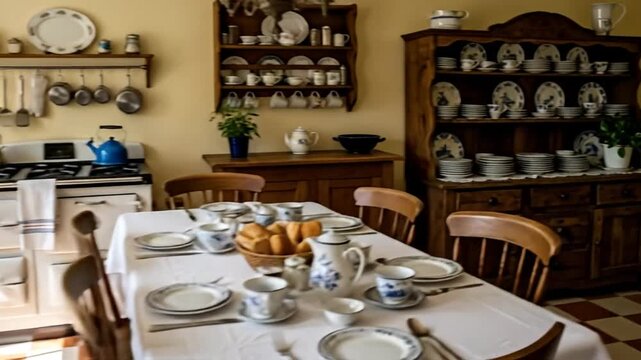 Classic Dining Scene: A beautifully set table in a classic dining area. Complete with a white tablecloth, and fine china creating an inviting scene for a meal. The vintage cabinets.