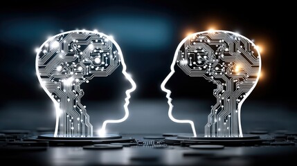 Two stylized human heads, outlined in white light and filled with intricate circuit board patterns, face each other. The heads glow with internal light and smal