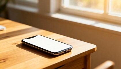 clean smartphone mockup on wooden desk, empty screen for appdesign, warm natural window light, shallow depth, negative space for copy
