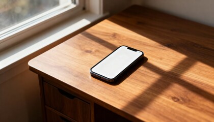 clean smartphone mockup on wooden desk, empty screen for appdesign, warm natural window light, shallow depth, negative space for copy