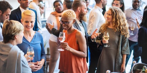 Diverse group at a social event, mingling and enjoying drinks. People of various ethnicities and...