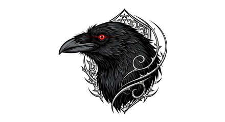 A detailed dark gothic illustration of a black raven head with glowing red eyes, surrounded by ornate decorative elements. The artwork features sharp linework, intricate feather textures, and a dramat