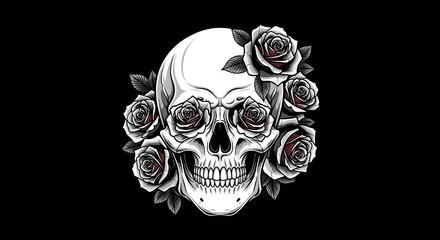 A detailed dark illustration of a human skull surrounded by blooming roses, featuring bold contrast, intricate linework, and a gothic aesthetic. Perfect for tattoo designs, apparel prints, gothic art 