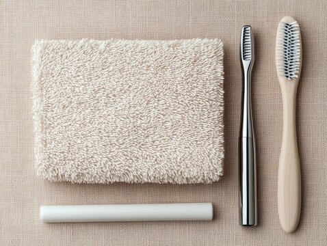 A flat lay composition featuring two toothbrushes, one metallic and one wooden, alongside a fluffy white towel and a white tube, all arranged on a textured beig