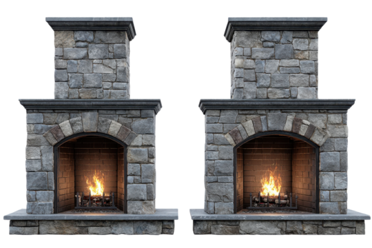 Two stone fireplaces with burning fires and logs on black background image, Isolated On White Background, Png Transparent