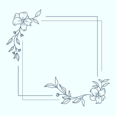Floral and square hand drawn style. Floral navy frame of twigs, leaves and flowers. Frames for the Valentine's day, wedding decor, logo and identity template.