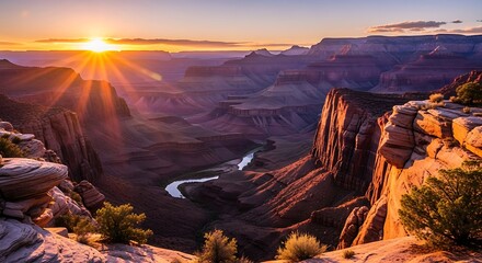 Grand Canyon Sunrise - Colorado River Winding Through Majestic Landscape.