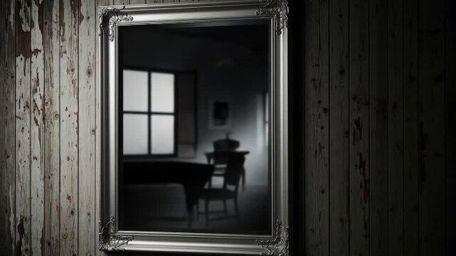 Ornate framed mirror reflects a dimly lit room with antique furniture and a window