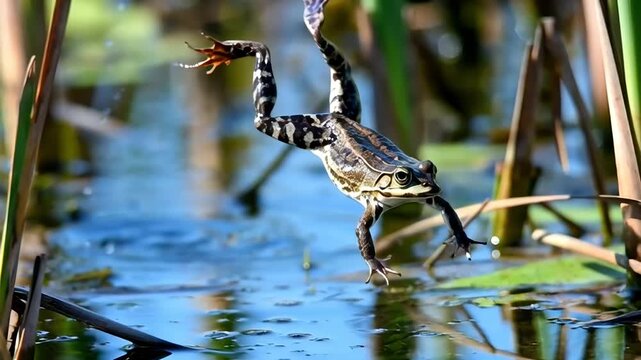 Stripped leopard frog leaping over bright blue water in a sunny marsh, a dynamic wildlife shot for natural ecosystem concept and wetland habitat