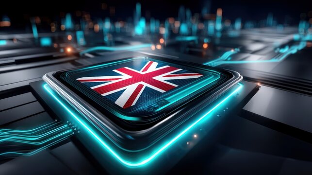 A close-up of a circuit board with the Union Jack flag displayed on a central chip. Glowing neon blue lines illuminate the futuristic technological environment.