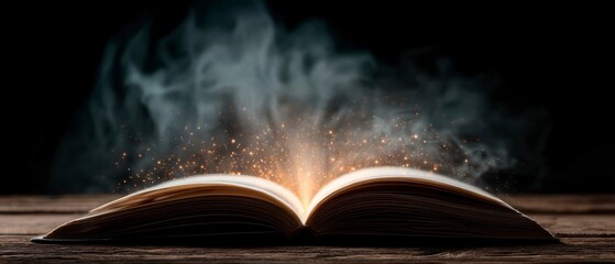 Open ancient book emitting bright golden sparks and rising smoke against a dark background
