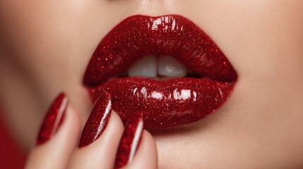 Obraz premium Bold Red Nails Accentuating a Glittery Lipstick Kiss on a Dark Panel Background in a Beauty Ad