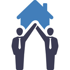 Two Businessmen High Five Underneath a Blue House Symbol Representing Partnership and Real Estate Success
