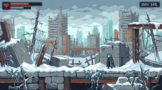 Pixel Art Post-Apocalyptic Snowy City with Lone Survivor