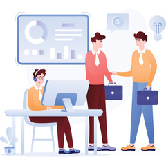 Two businessmen shake hands in agreement near a large screen displaying financial charts while a colleague works on a computer in a modern office setting with a light bulb symbolizing ideas