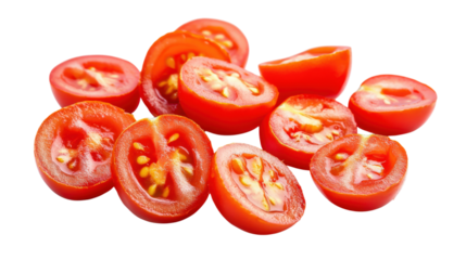 Halved Cherry Tomatoes Scattered isolated on a transparent background