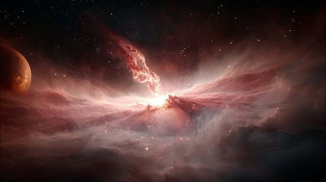A breathtaking cosmic scene featuring a vibrant red and white nebula with a bright central glow, a large, textured planet on the left, and a dense field of star