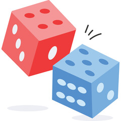 Two cartoon dice one red and one blue tumble with dots indicating numbers and subtle motion lines on a clean white background