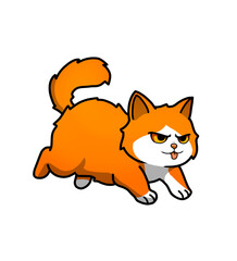 An adorable cartoon illustration of a playful orange and white fluffy cat with a mischievous expression, isolated on a white background
