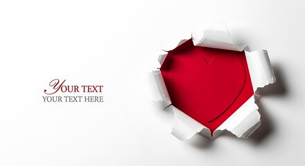 Ripped white paper revealing a vibrant red background with a subtle heart shape, offering ample copy space for romantic messages or special announcements. a perfect visual.