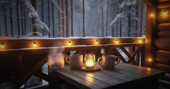 Cozy winter evening on a wooden balcony with warm drinks and glowing lights