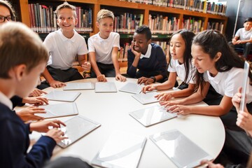 Group of diverse students in a library using tablets. Kids in school uniforms engaged in learning. Education and technology in a classroom setting. Diverse elementary school kids in library.