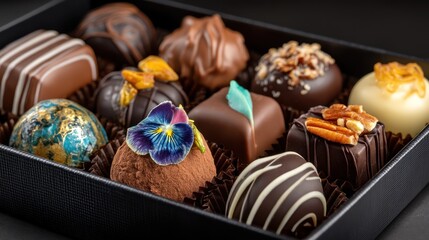 A selection of exquisite chocolates in a black box, showcasing diverse shapes, colors, and toppings. Rich dark and light chocolate truffles and squares are beautifully arranged.