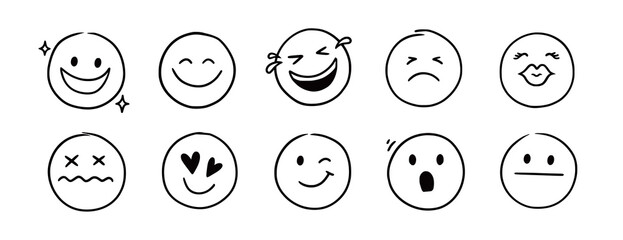 Doodle Emoji face icon set. Hand drawn sketch doodle style. Emoji with different emotion mood, happy, sad, smile face. Comic line emoticon character art. Vector illustration © Polina Tomtosova