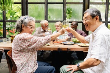 Group of senior enjoying a meal, toasting with wine. Diverse seniors, happy and smiling, sharing a joyful moment. Celebrating together, enjoying life. Group of happy senior people are toasting.