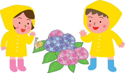 レインコートの男の子と女の子と紫陽花
