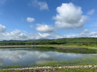 Quiet reservoir scene with soft clouds, blue sky, and rolling green landscape under warm tropical light.