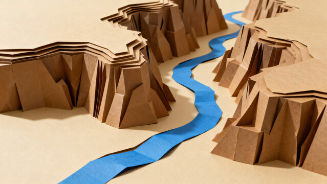 Creative Paper Art of a Landscape with Mountains and River in Origami Style - Powered by Adobe
