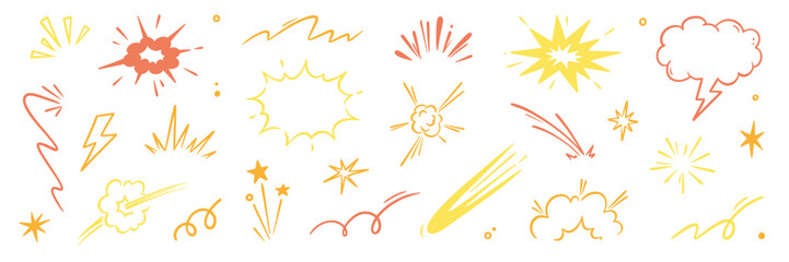 Explosive surprise comic line golden effect set. Hand drawn doodle cartoon speed effect, gold explosive burst action elements. Comic cartoon surprise line luxury shapes. Vector illustration. © Polina Tomtosova