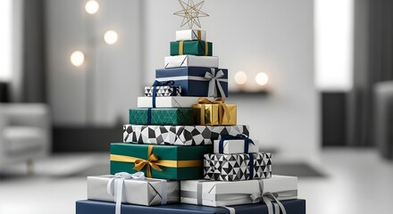 Stack of gifts forming shape of Christmas tree, modern look.