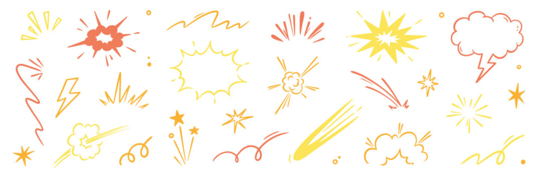 Explosive surprise comic line golden effect set. Hand drawn doodle cartoon speed effect, gold explosive burst action elements. Comic cartoon surprise line luxury shapes. Vector illustration.