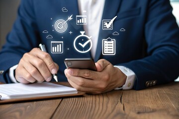 Businessman touching a virtual screen displaying social network icons for success in online communication and data management