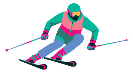 Obraz premium Winter sports downhill skiing illustration showcasing confident skier, mountain landscape, cold weather gear, and thrilling snow adventure for active lifestyle themes