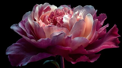 Vibrant Peony Flower Blooming in Soft Pastel Shades on Black Background