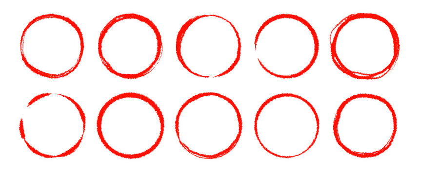 Brush red Japanese sun circle frame set. Hand drawn rough scribble grunge texture effect red circle. Grunge crayon japan flag round stamp. Pencil, marker stroke paint border. Vector illustration