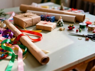 A close-up of wrapping paper, colorful ribbons, scissors, and small gift boxes scattered on a table, suggesting holiday gift preparation.