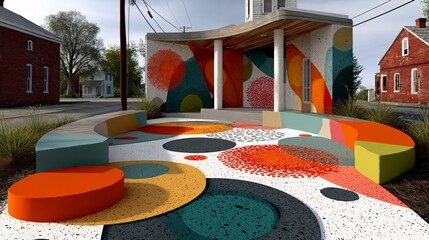 Urban Art Installation with Colorful Patterns and Geometric Shapes