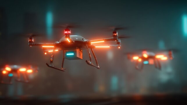 Multiple futuristic drones hover in a nighttime urban landscape, illuminated by glowing lights and casting vibrant hues.